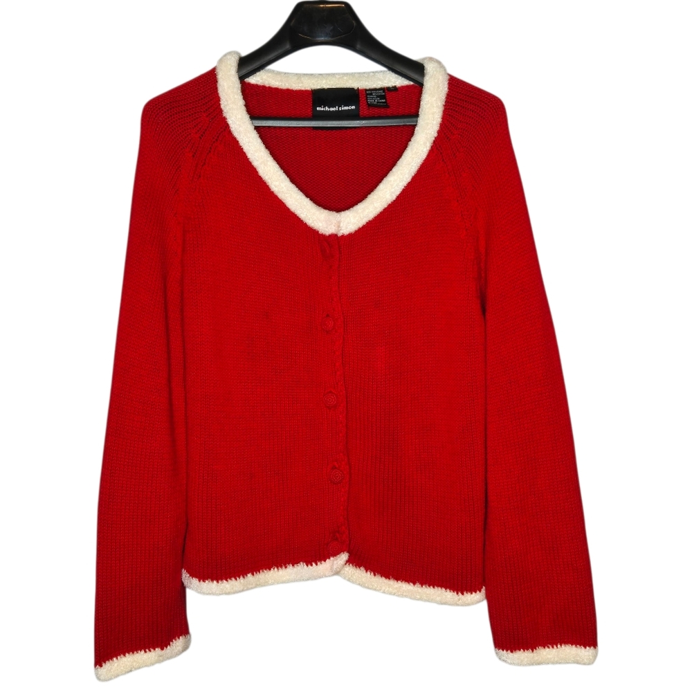 Michael Simon Red Knit Faux White Fur Trim Christmas Sweater Cardigan XL Holiday
